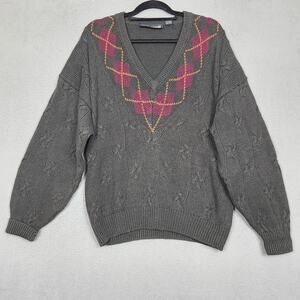 New River Sweater Womens Large Green Argyle V Neck Cable Knit Pullover Ramie